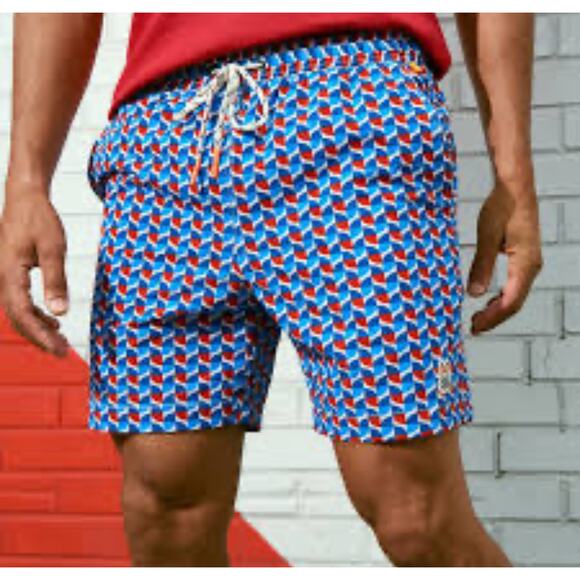 Psycho Bunny Swim Trunks Mens XXL Blue Red Mesh Lined Beach Coastal + Pockets - Picture 2 of 12